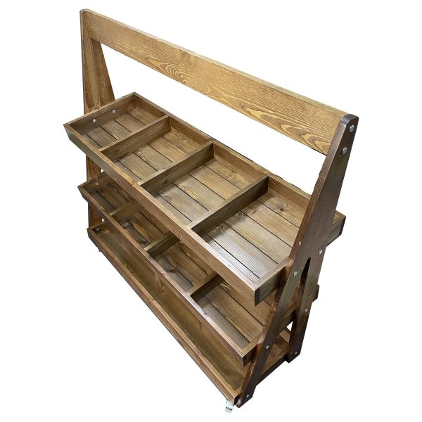 Mobile Rustic Brown Pine 3-Tier Slanted Merchandiser Display Stand 1190x370x1145 view from above Mobile Rustic Brown Pine 3-Tier Slanted Merchandiser Display Stand 1190x370x1145 view from above