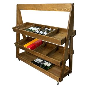 Mobile Rustic Brown Pine 3-Tier Slanted Merchandiser Display Stand 1190x370x1145 with wine