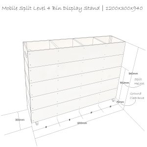 Mobile Split Level 4 Bin Impulse Merchandise Display Stand 1200x300x940 schematic Mobile Split Level 4 Bin Impulse Merchandise Display Stand 1200x300x940 schematic