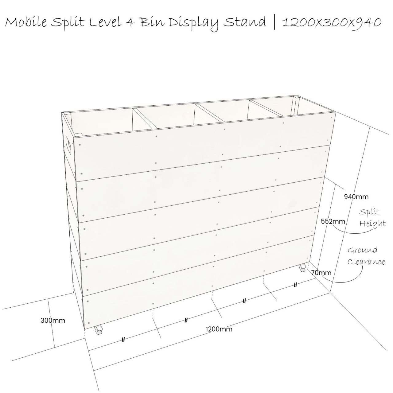 Mobile Split Level 4 Bin Impulse Merchandise Display Stand 1200x300x940 schematic