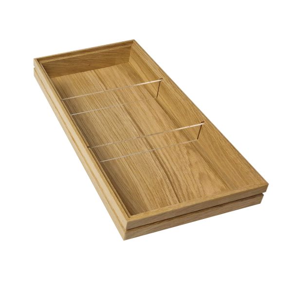 Natural ribbed oak trolley stacker box 398x212x40 with clear perspex dividers