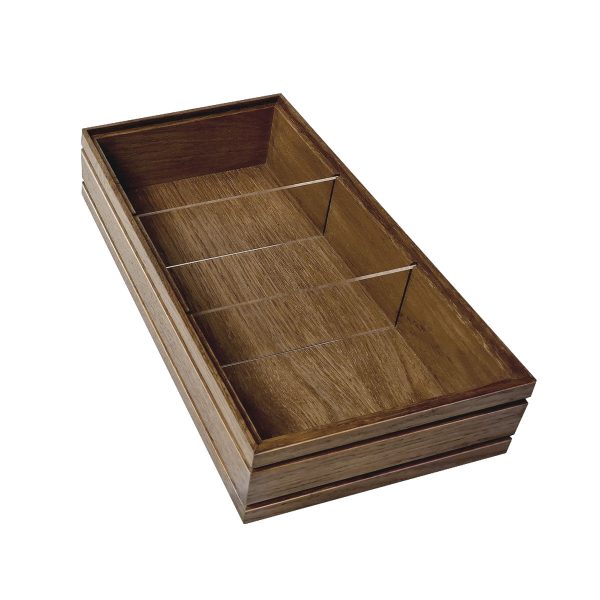 Dark Brown ribbed oak trolley stacker box 398x212x80 with clear perspex dividers