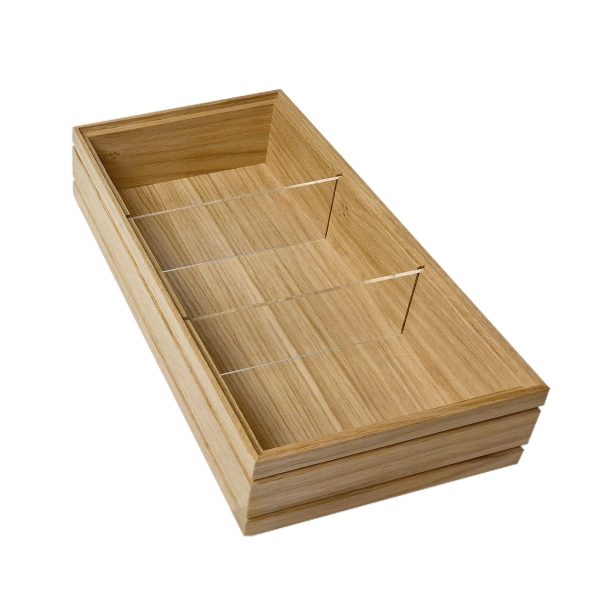 Natural ribbed oak trolley stacker box 398x212x80 with clear perspex dividers