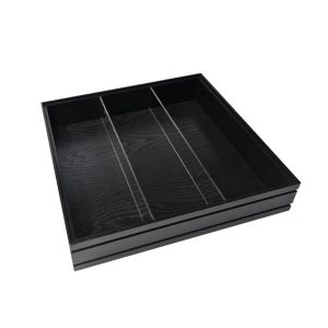 Black ribbed oak trolley stacker box 424x398x80 with clear perspex dividers