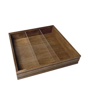 Dark Brown ribbed oak trolley stacker box 424x398x80 with clear perspex dividers