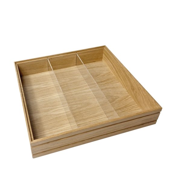 Natural ribbed oak trolley stacker box 424x398x80 with clear perspex dividers