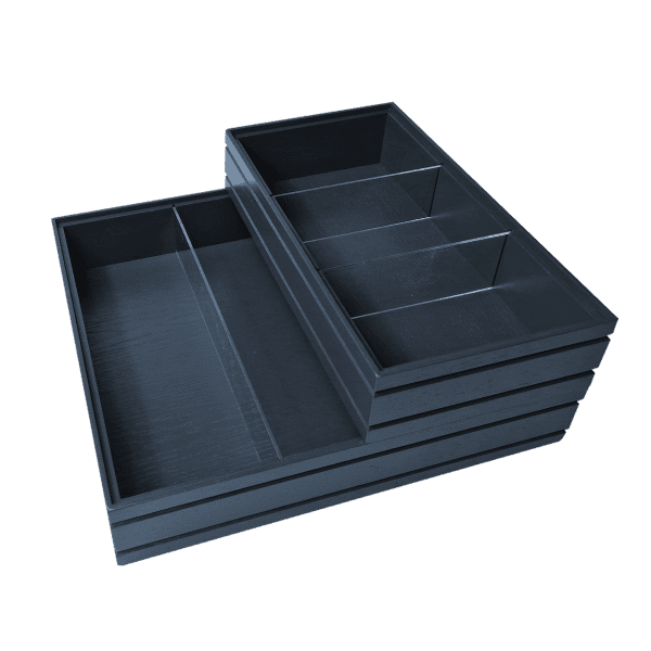 Amberley Grey ribbed oak trolley stacker box with clear perspex dividers stacked Amberley Grey ribbed oak trolley stacker box 398x212x80 with clear perspex dividers stacked