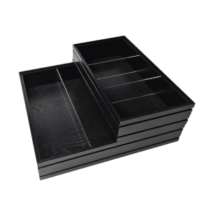 Stacked Black ribbed oak trolley stacker box 424x398x80 with clear perspex dividers