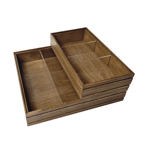 Stacked Dark Brown ribbed oak trolley stacker box 424x398x80 with clear perspex dividers
