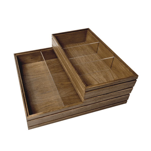 Stacked Dark Brown ribbed oak trolley stacker box with clear perspex dividers Stacked Dark Brown ribbed oak trolley stacker box 424x398x80 with clear perspex dividers