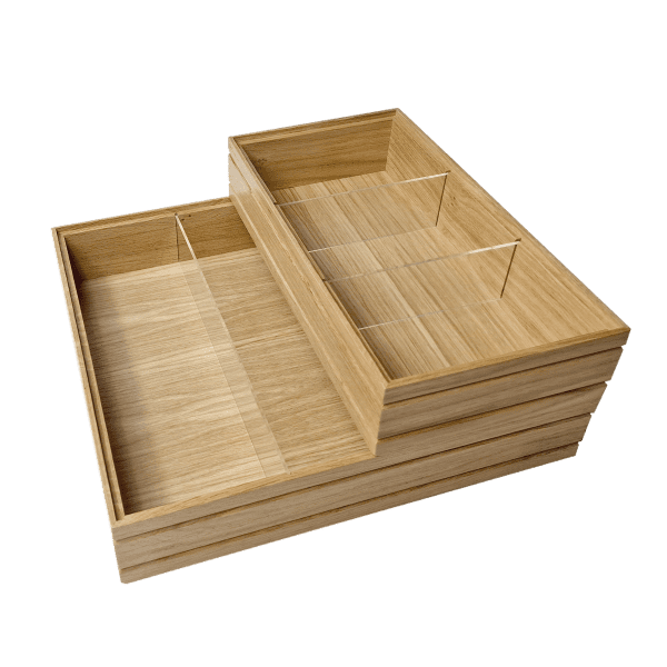 Stacked natural ribbed oak trolley stacker box with clear perspex dividers Stacked natural ribbed oak trolley stacker box 424x398x80 with clear perspex dividers