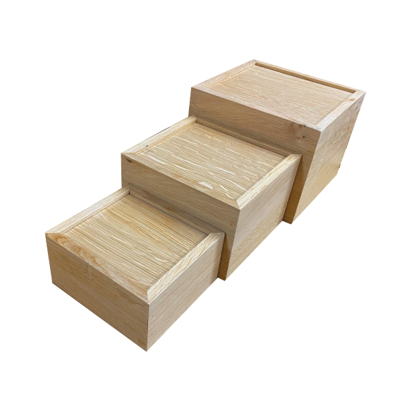 Burford Oak B1/6 Nesting Cube Set Natural scale stacked Burford Oak B1/6 Nesting Cube Set Natural scale stacked