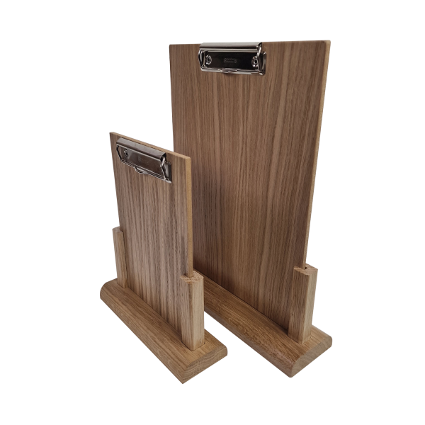 Oak menu holder with clipboard inserts Oak menu holder with clipboard inserts